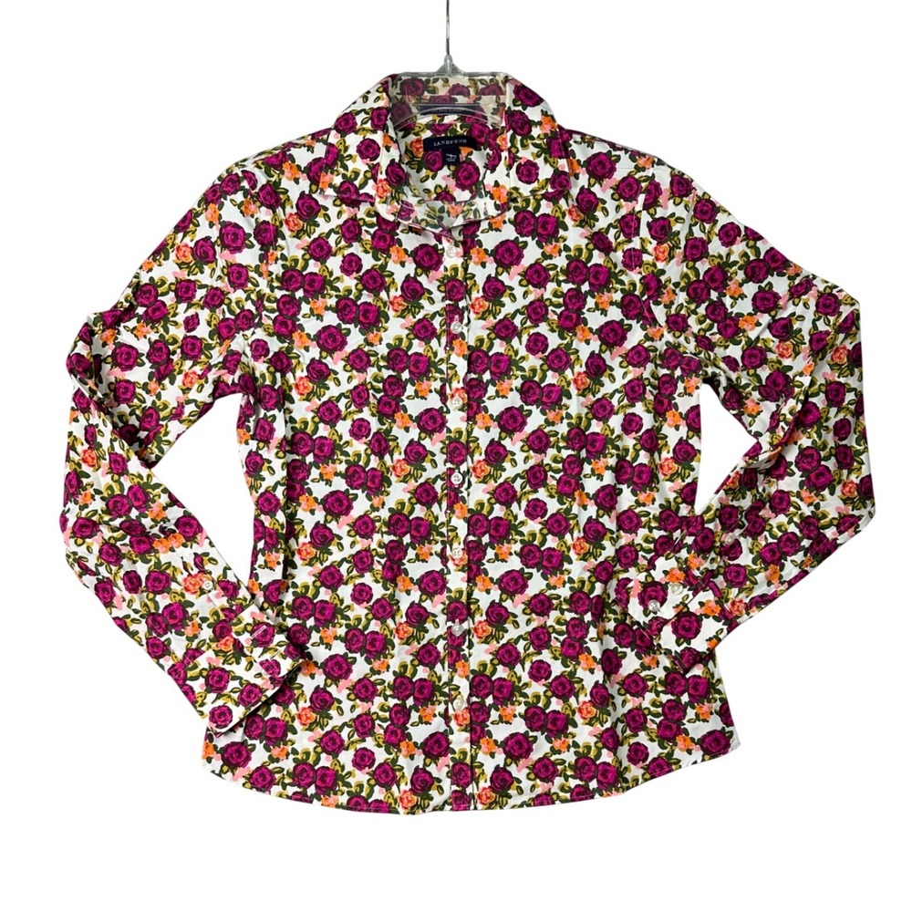 Lands' End Floral Button Down Shirt No Iron Supima Cotton Rose Print Size 4 Pink